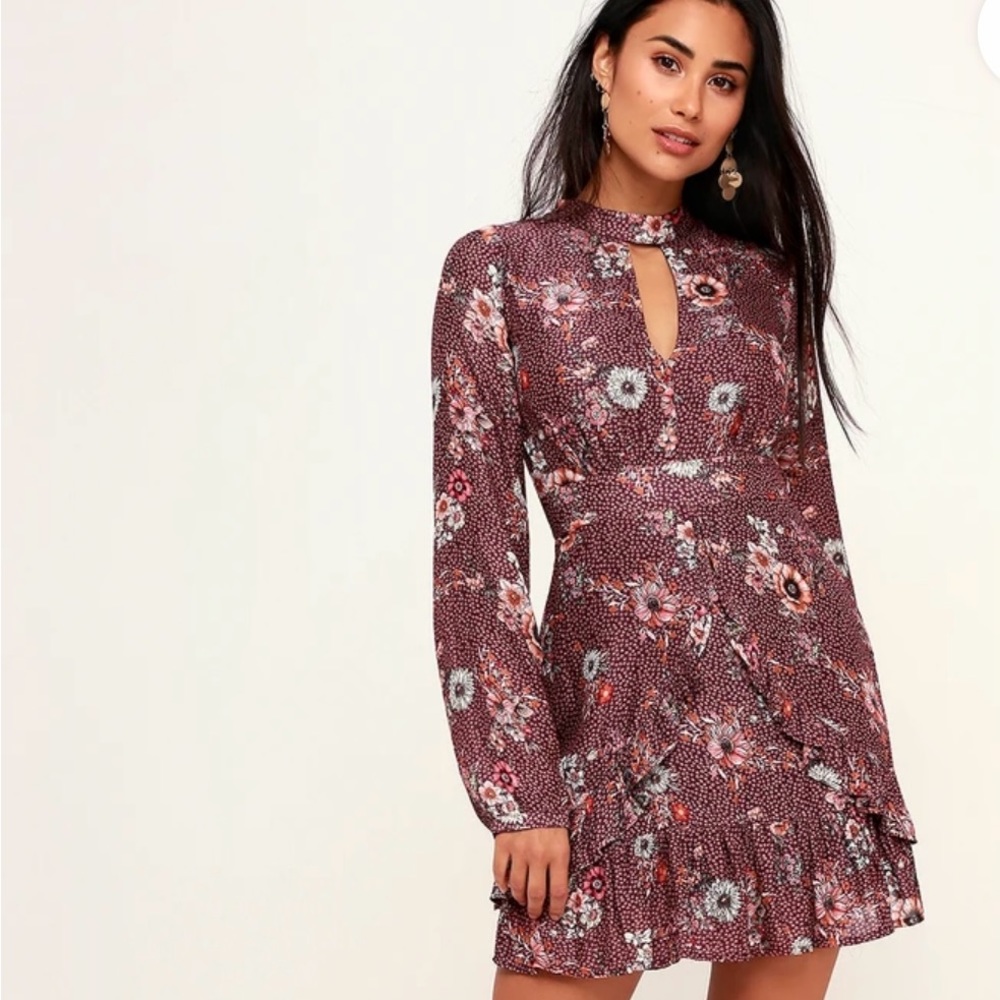 Lost + Wander Sundance Purple Floral long sleeve  Mini Dress XS NWT Lulus